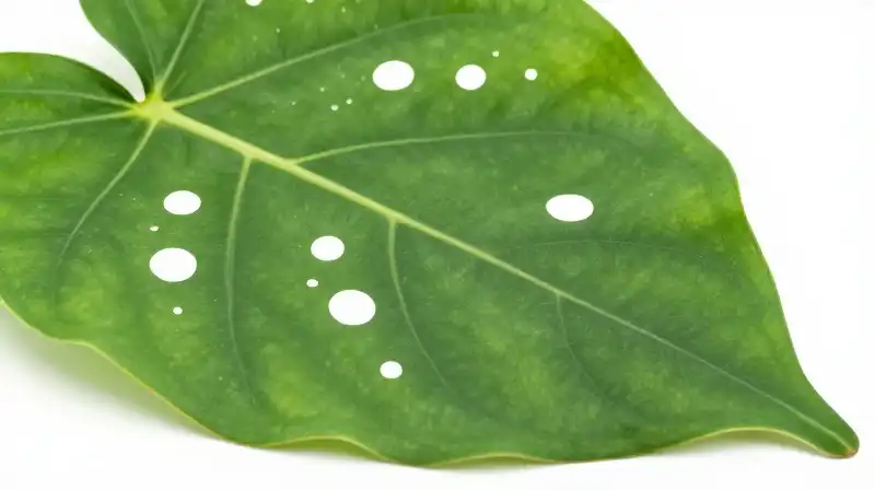 A magnified green leaf displays vivid white, circular spots
