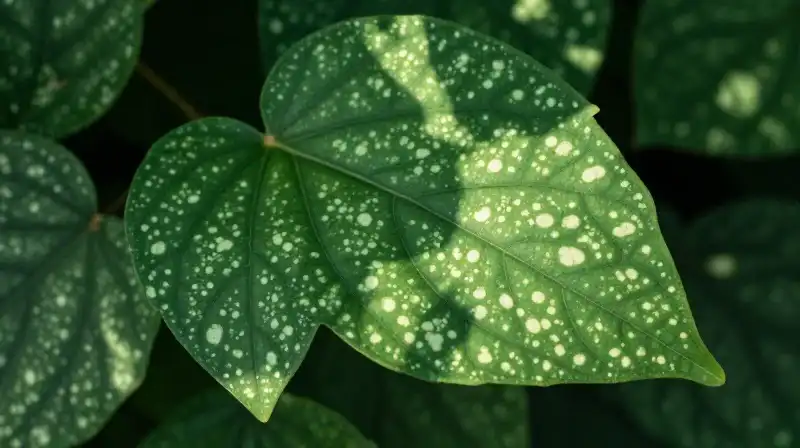 A close-up shows a green leaf with delicate white spots bathed in dappled sunlight