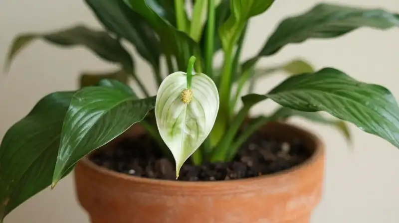 Wilted peace lily in a ceramic pot, bathed in soft indoor light