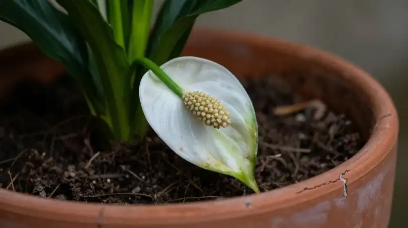 A wilting white lily sits in a cracked, parched terracotta pot
