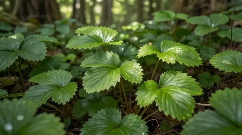 Lush green leaves grow beneath dappled forest sunlight