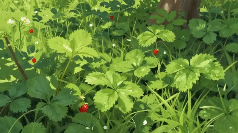 Green meadow filled with lush strawberries bathed in dappled sunlight