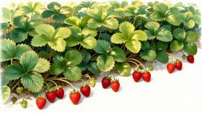 Red berries grow on lush green stolons under golden hour sunlight