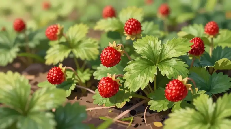Vibrant red strawberries cover the ground bathed in soft, warm sunlight