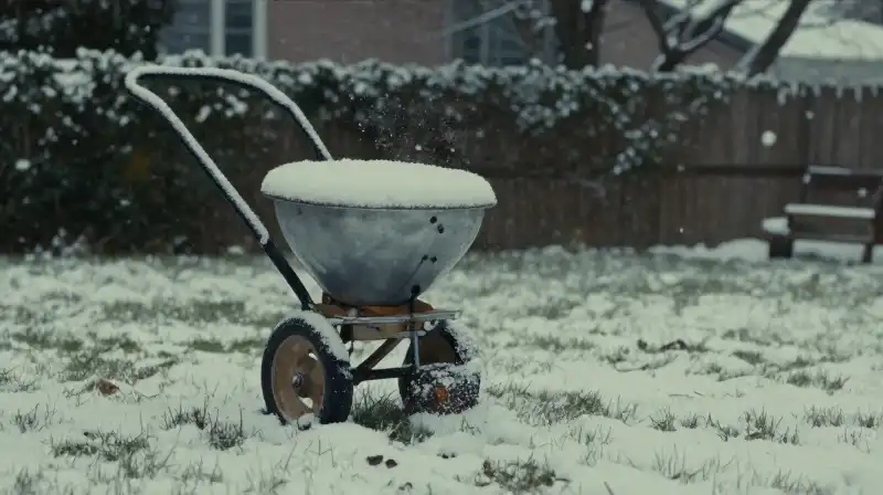 Vintage spreader scatters grains onto a snow-dusted winter lawn