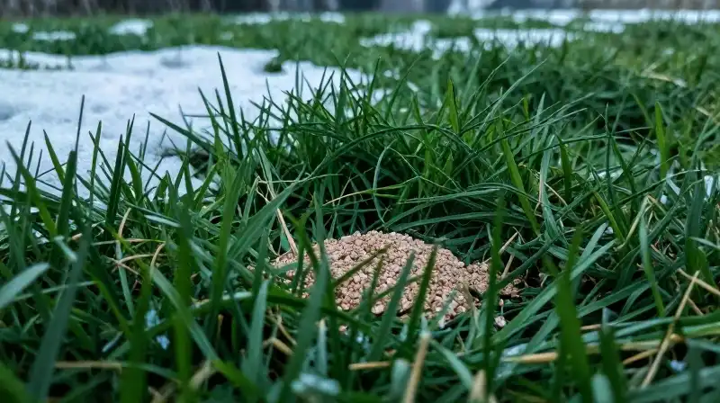 Vibrant winter grass covers a snowy field in cool cinematic light