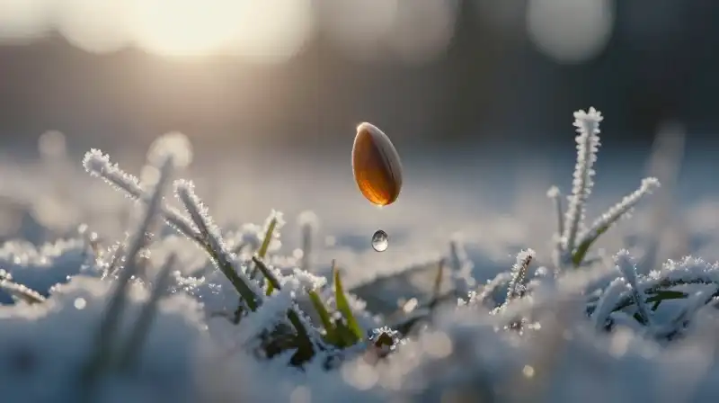Glowing seed suspends over frosted grass with a falling drop