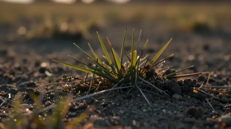 Golden light illuminates dormant winter grass and soil