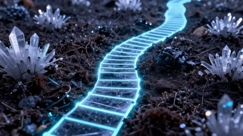 Glowing neon pathways crisscross dark, soil-rich terrain in a crystalline winter world
