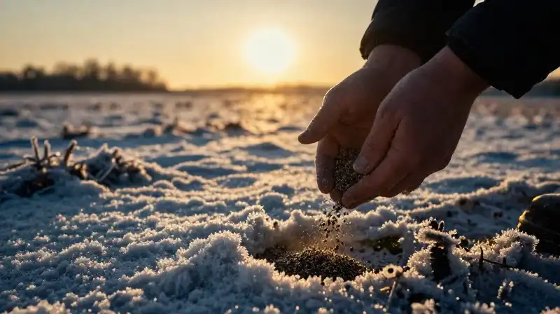 A person throws chemicals across a frosted field at dramatic sunset