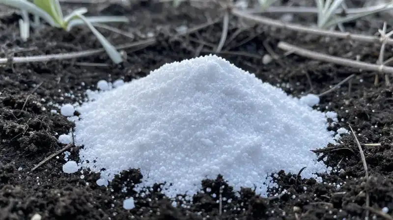 White fertilizer sits on dark, fertile soil dusted with early morning frost