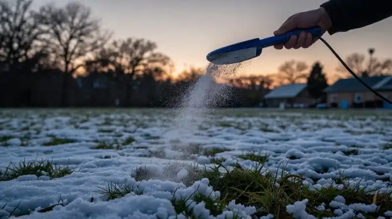 A hand spreads granular fertilizer across a patchy snow-covered lawn at twilight