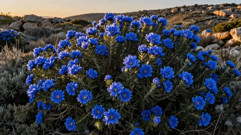 Brilliant blue shrubs bloom on the rugged hillside in golden hour light