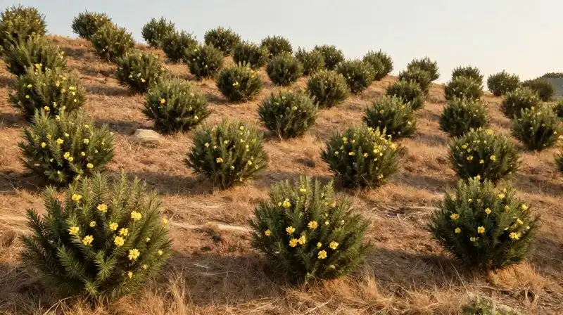 Golden light warms dense, meticulously spaced bushes on a dry hillside