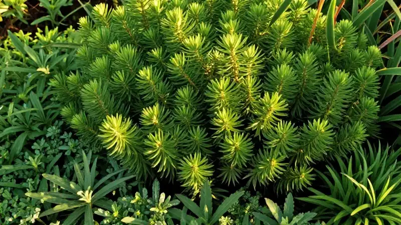 Golden light illuminates rich, detailed green ceanothus foliage in a garden