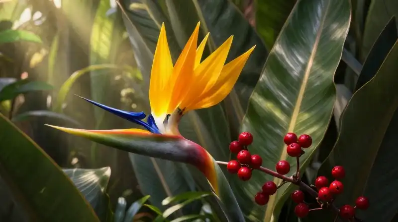 Yellow Bird of Paradise amidst lush jungle and toxic berries