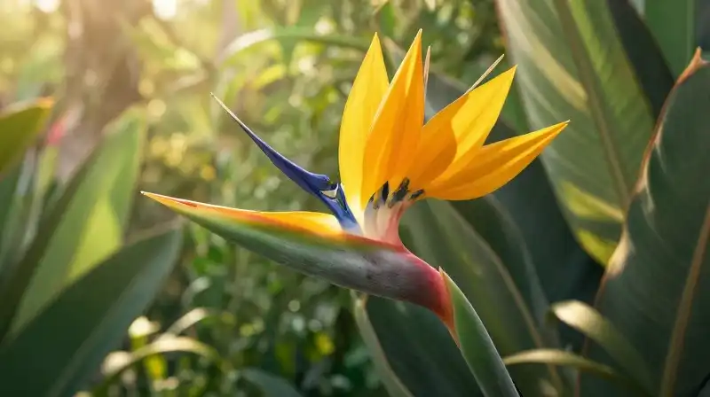 A vibrant yellow Bird of Paradise shines in a sun-drenched jungle