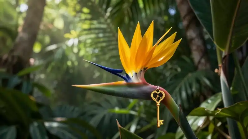 Bright yellow bird and ornate golden key in lush jungle sunlight