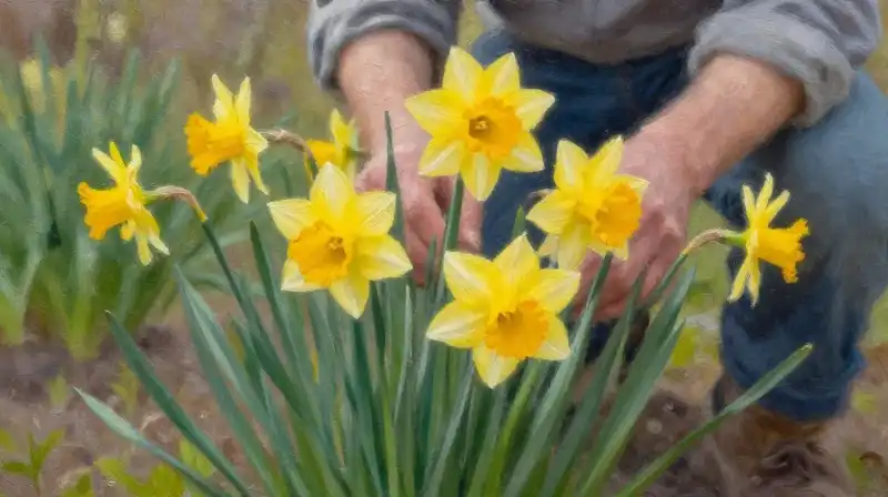 Vibrant yellow daffodils bloom under soft, impressionistic sunlight tended by a gardener