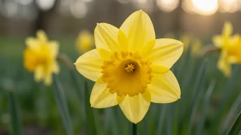 Brilliant yellow bloom glows softly in the lush garden
