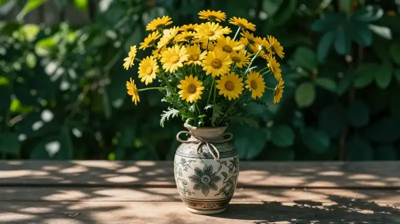 Yellow daisies in a rustic vase rest on dappled wooden planks