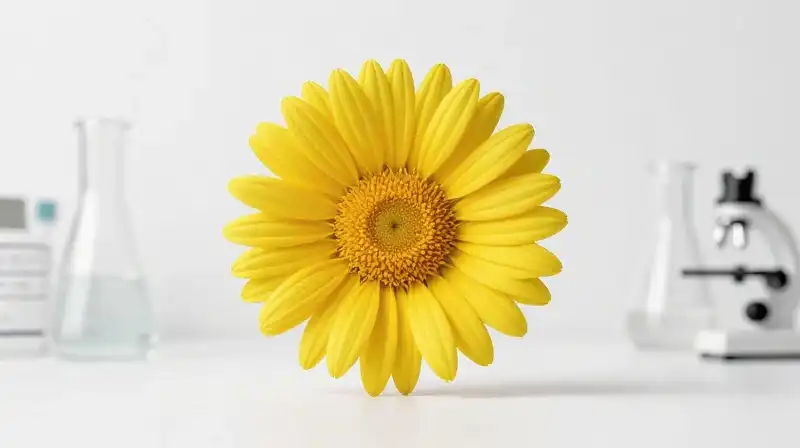Geometric yellow daisy cross-section displayed in a minimalist lab