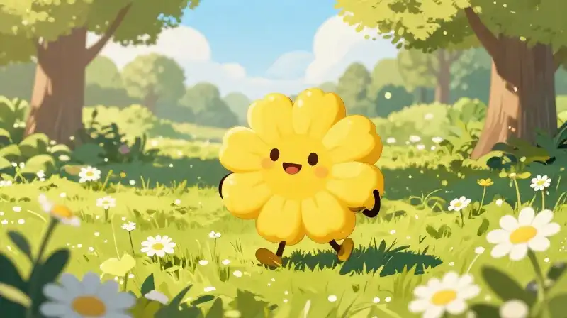 A friendly mascot with yellow daisies in a bright, sunny park