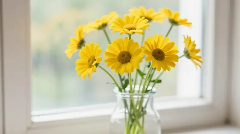 Bright yellow daisy glows in a glass vase under sunlight