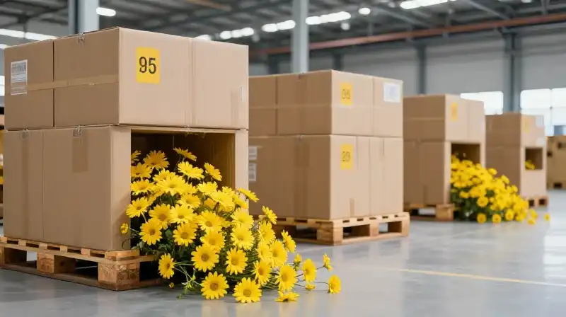 A bright industrial hub where crates overflow with vibrant yellow daisies
