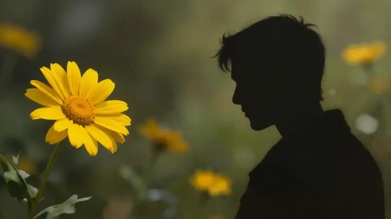 A worried silhouette stands beside a yellow daisy in a blurred, dramatic garden