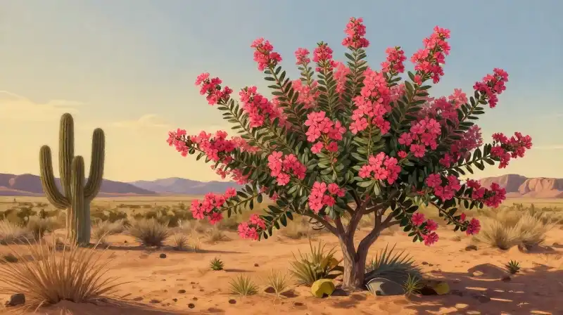 A vibrant Zuni crepe myrtle stands in a sun-drenched desert landscape