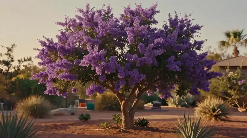 A vivid purple Zuni crepe myrtle thrives in golden hour light