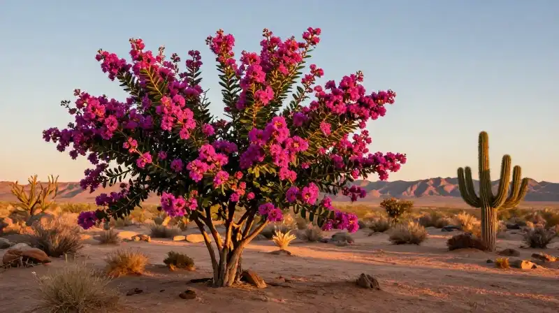 A vibrant purple crape myrtle blossoms among a sun-drenched desert landscape